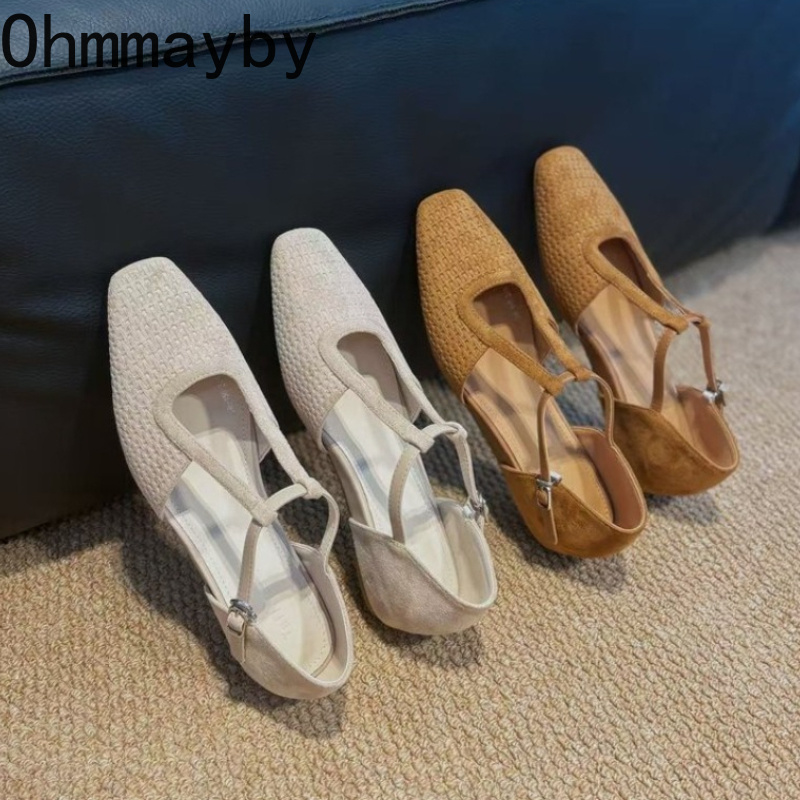 Vintage Fashion Women Dresses - Vintage Women Woven T-Strap Pumps Square